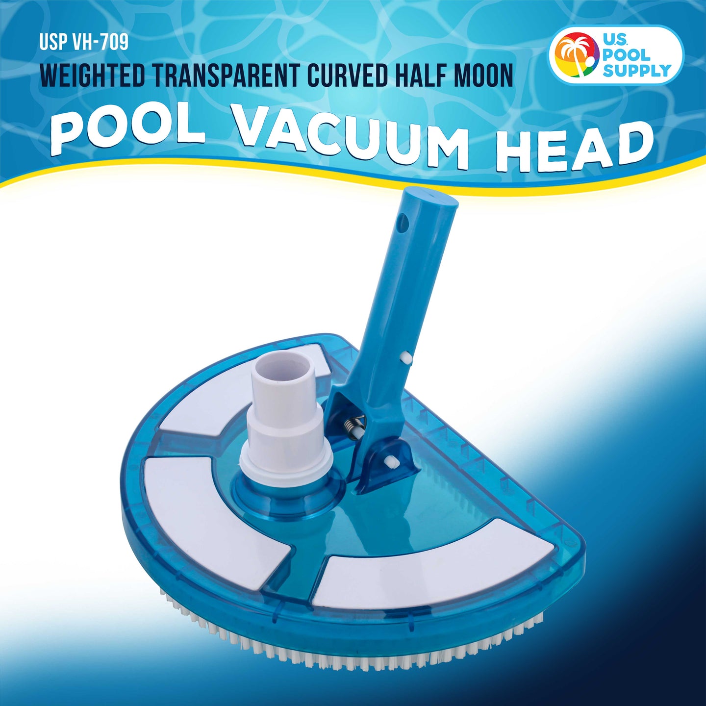 Weighted Pool Vacuum Head, Transparent Curved Half Moon Body - Swivel Connection, Pole Handle, Above Ground, Inground Swimming Pools
