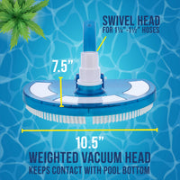 Weighted Pool Vacuum Head, Transparent Curved Half Moon Body - Swivel Connection, Pole Handle, Above Ground, Inground Swimming Pools