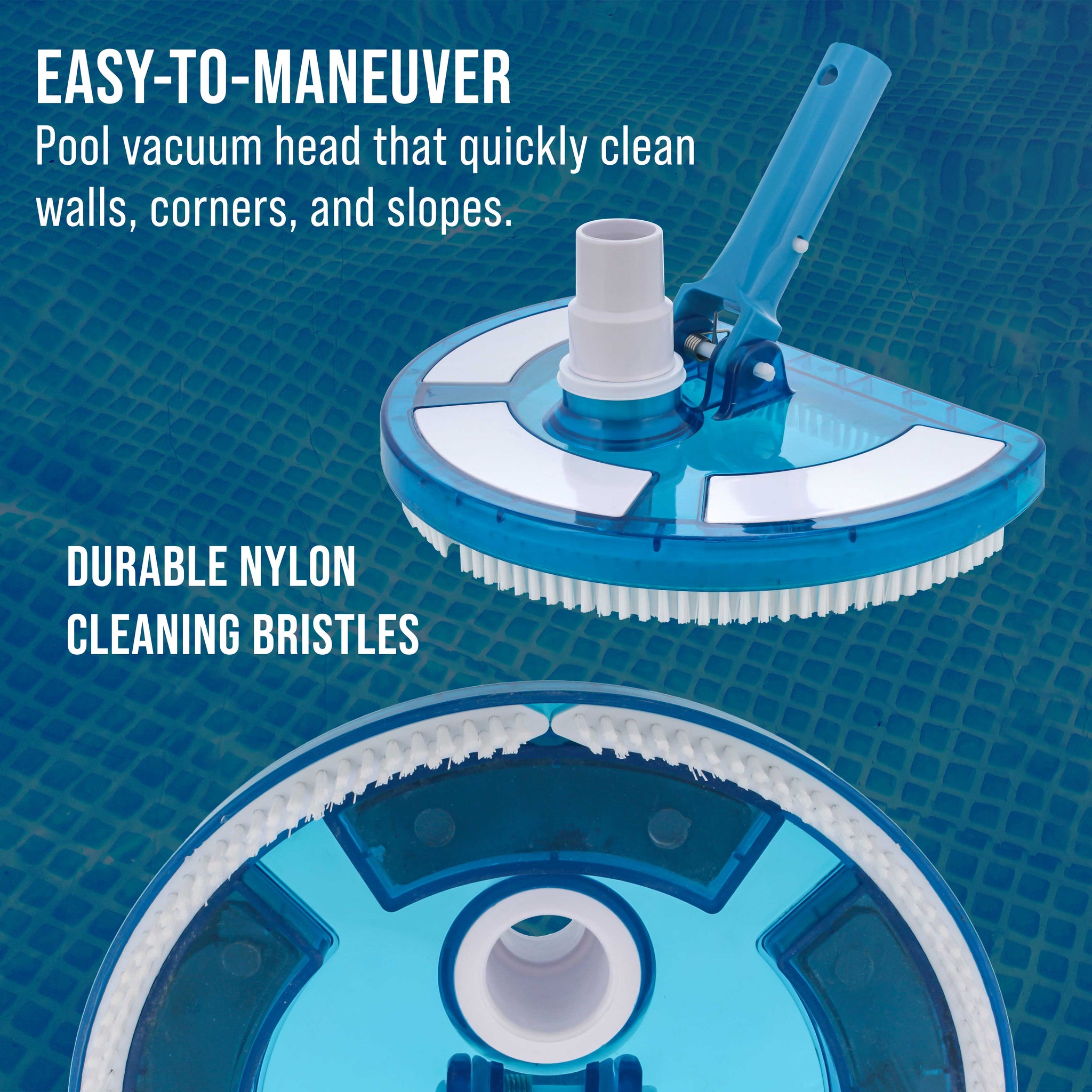 Weighted Pool Vacuum Head, Transparent Curved Half Moon Body - Swivel Connection, Pole Handle, Above Ground, Inground Swimming Pools