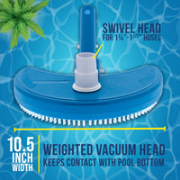 Weighted Half Moon Pool Vacuum Head - Swivel Hose Connection, Pole Handle - Above Ground, In-Ground Swimming Pools, Spas, Vinyl Liner