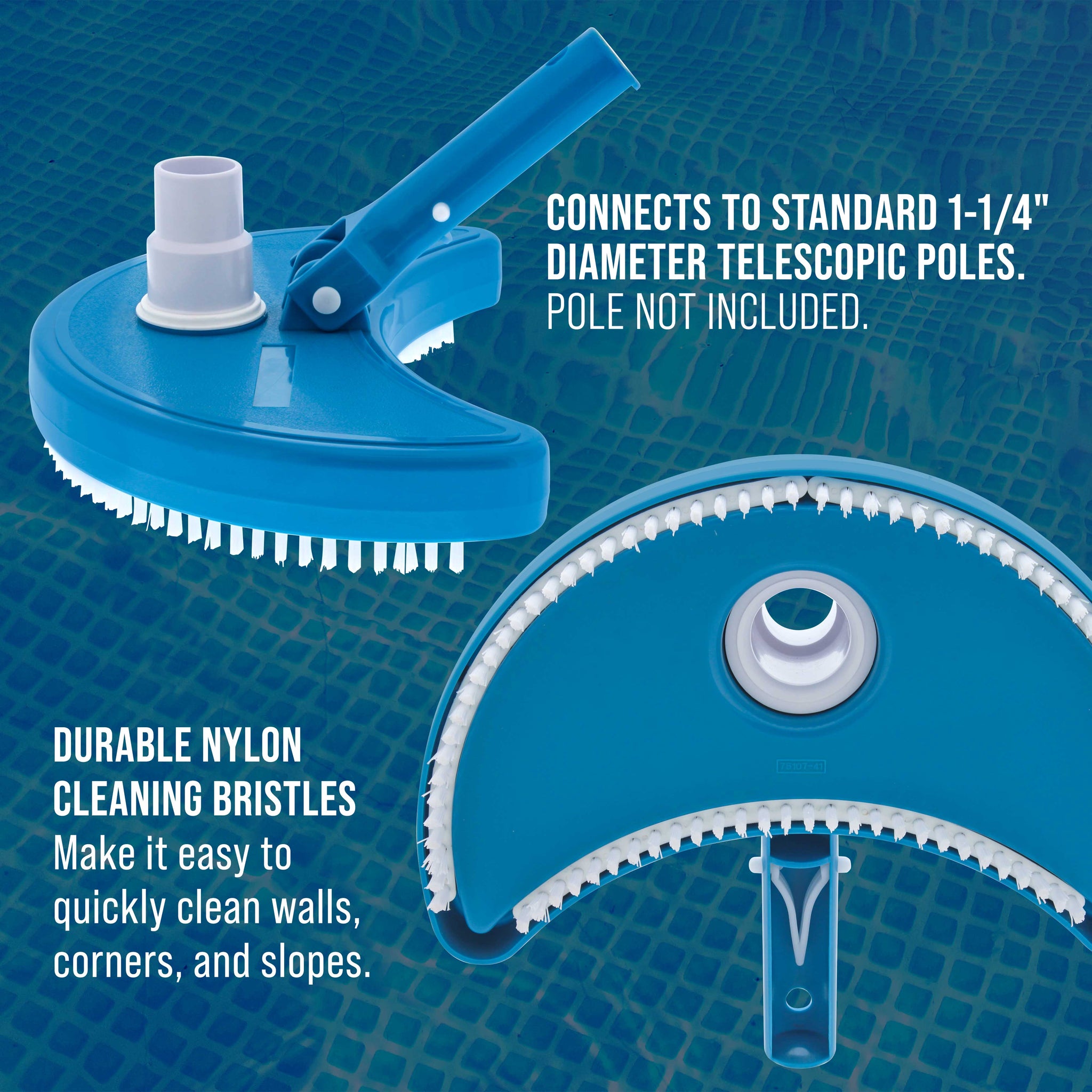 Weighted Half Moon Pool Vacuum Head - Swivel Hose Connection, Pole Handle - Above Ground, In-Ground Swimming Pools, Spas, Vinyl Liner