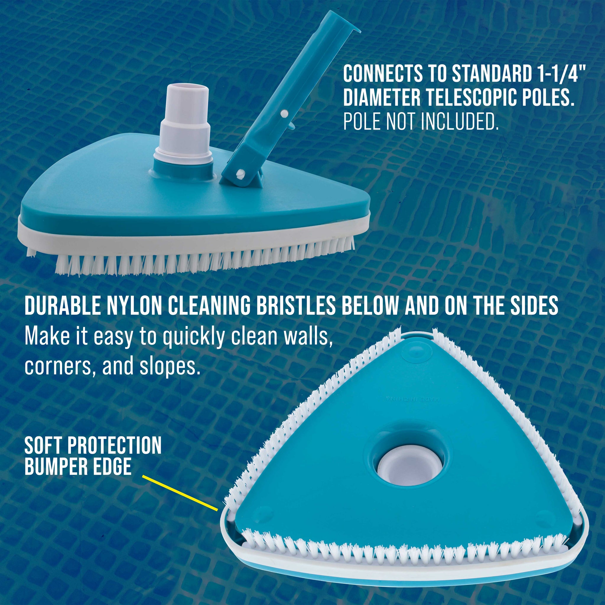 Weighted Triangular Pool Vacuum Head with Swivel Connection, Pole Handle, Protection Bumper, Above Ground & In-Ground Swimming Pools