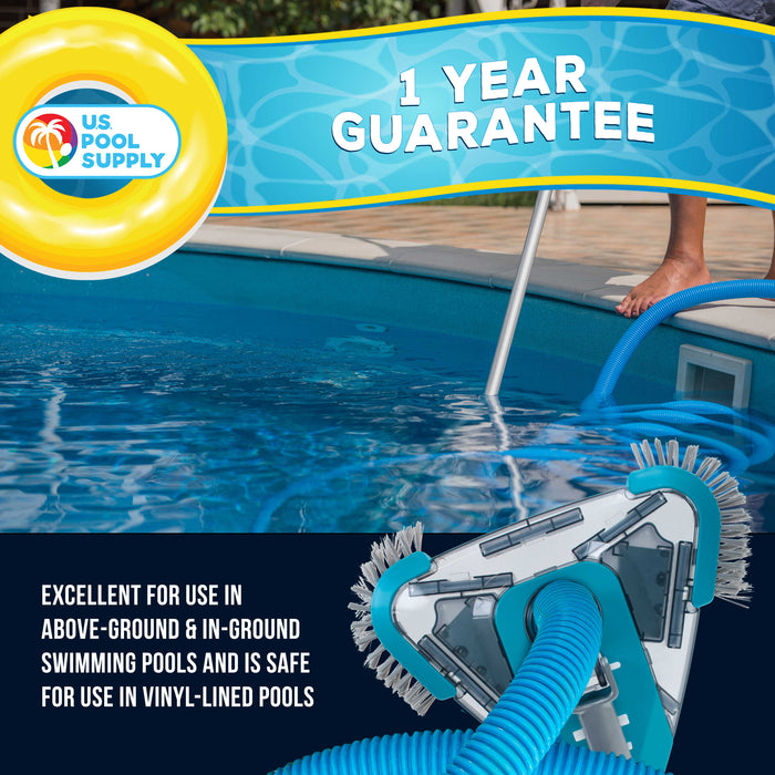 U.S. Pool Supply Premium Triangular Weighted Pool Vacuum Head with Side Brushes, Swivel Connection, EZ Clip Handle - Above Ground & Inground Pools