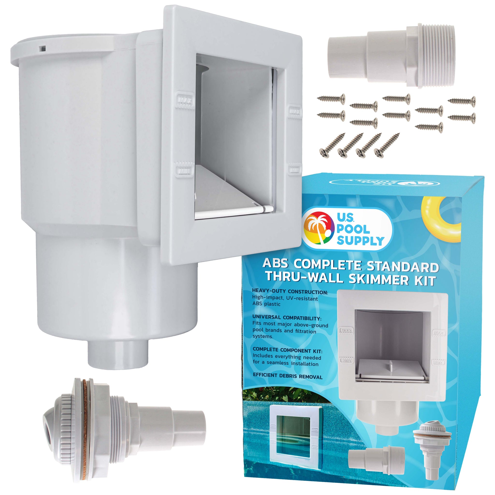 Standard Thru-Wall Above Ground Pool Skimmer Kit - ABS Construction, Complete Universal Set, Return Fitting, Vacuum Plate, Leaf Basket - Replacement Compatible with SP1091LX Skimmer