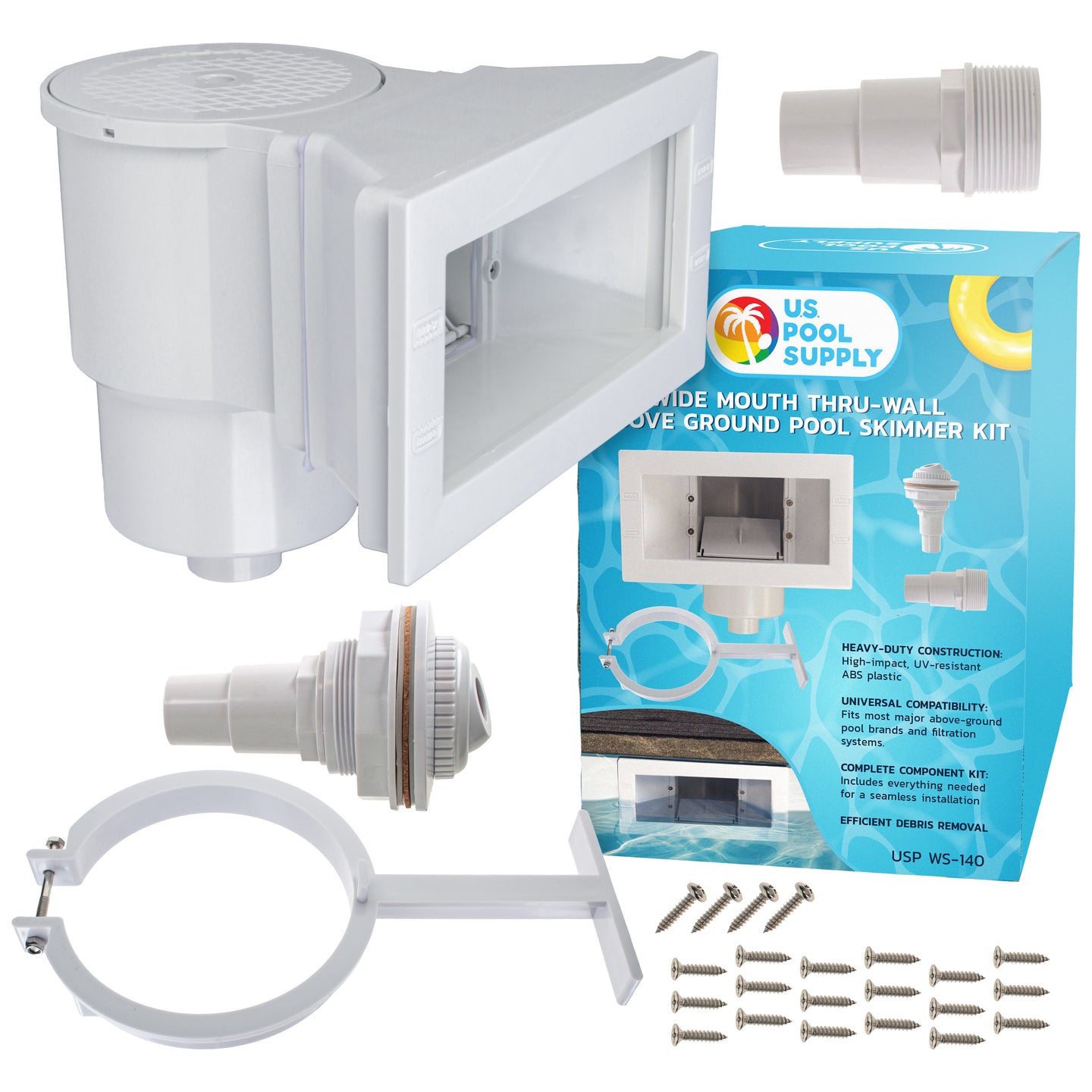 Wide Mouth Thru-Wall Above Ground Pool Skimmer Kit - ABS Construction, Complete Universal Set, Return Fitting, Vacuum Plate, Leaf Basket - Replacement Compatible with SP1091WM Skimmer
