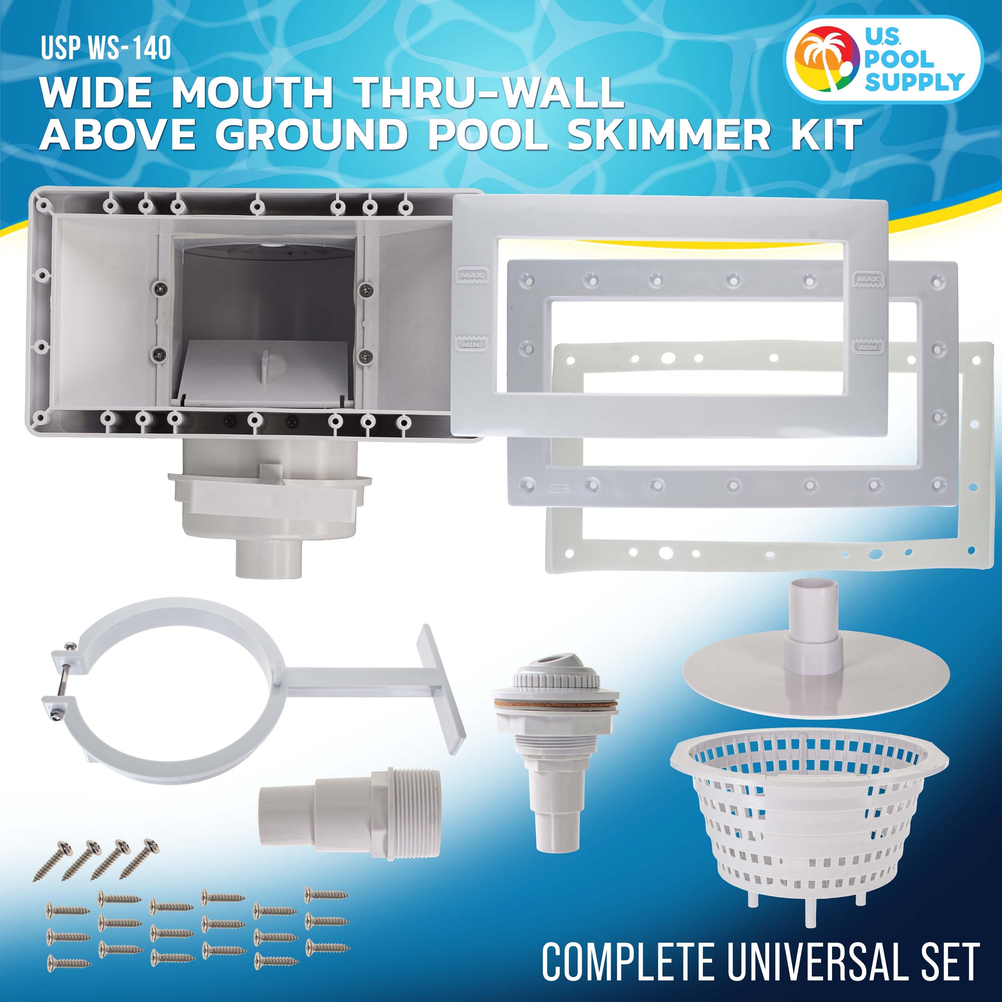 Wide Mouth Thru-Wall Above Ground Pool Skimmer Kit - ABS Construction, Complete Universal Set, Return Fitting, Vacuum Plate, Leaf Basket - Replacement Compatible with SP1091WM Skimmer