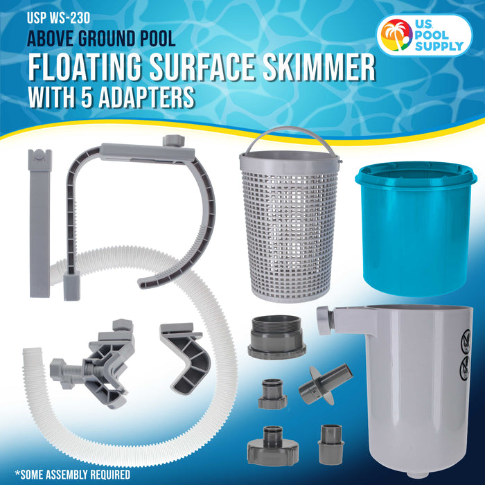 Pool Skimmer - Above Ground Pool Skimmer, Floating Surface Skimmer, 5 Adapters, Pool Accessories - Clean Debris Basket, Wall Mount, Attach to Inflatable Collars, Tubular, Metal Frames