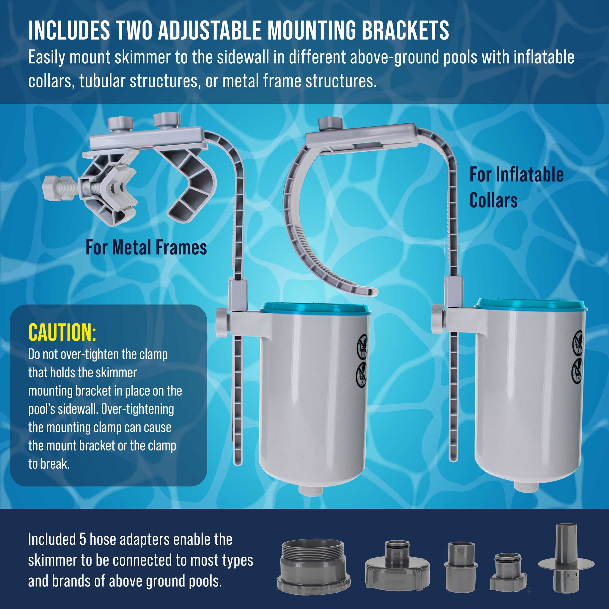 Pool Skimmer - Above Ground Pool Skimmer, Floating Surface Skimmer, 5 Adapters, Pool Accessories - Clean Debris Basket, Wall Mount, Attach to Inflatable Collars, Tubular, Metal Frames