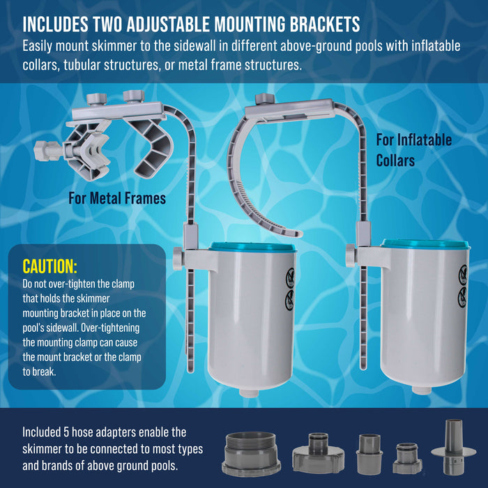 Pool Skimmer - Above Ground Pool Skimmer, Floating Surface Skimmer, 5 Adapters, Pool Accessories - Clean Debris Basket, Wall Mount, Attach to Inflatable Collars, Tubular, Metal Frames