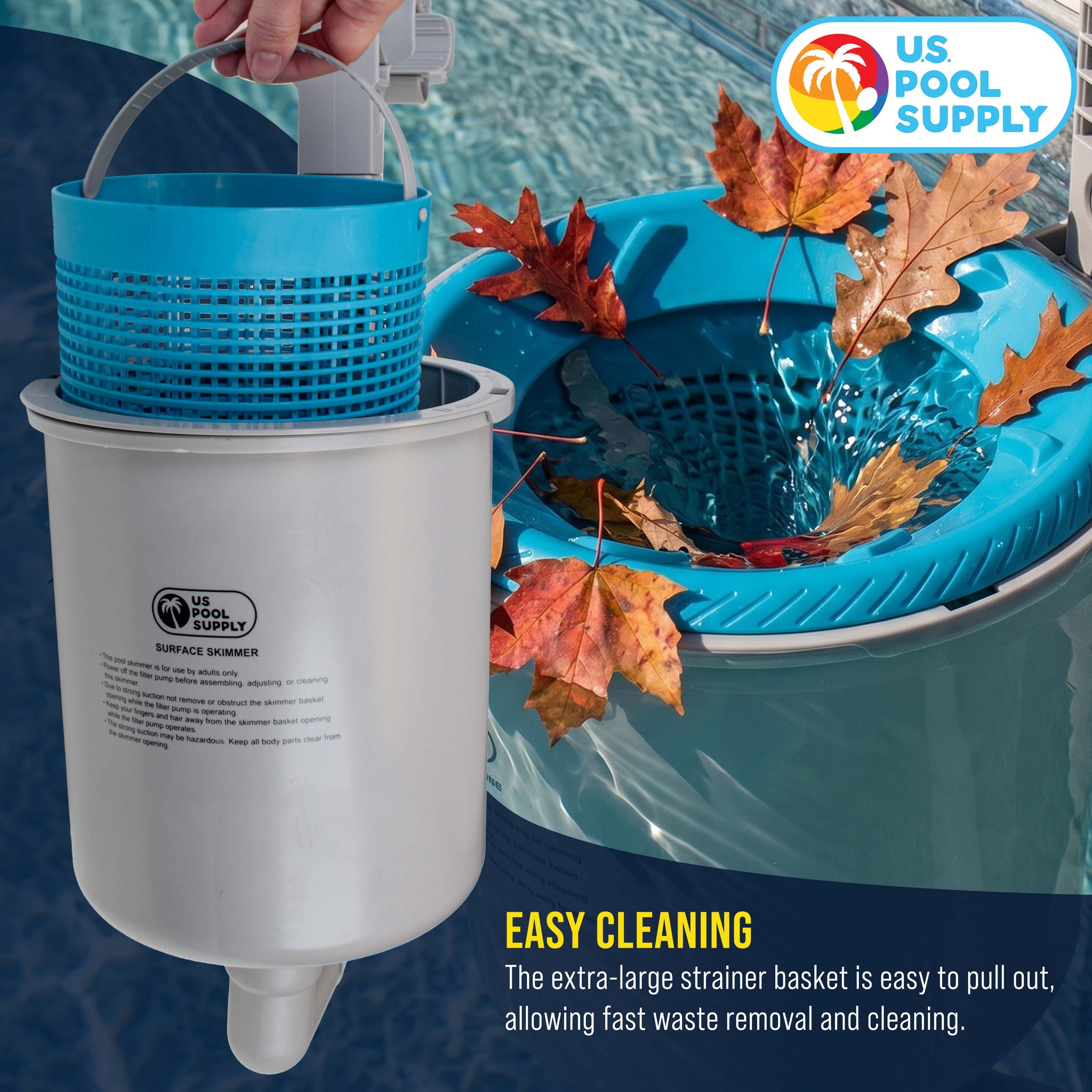 U.S. Pool Supply Above Ground Pool Skimmer, Wall Mount Surface Skimmer - Extra-Large Collection Basket, Automatically Skims Floating Leaves Debris
